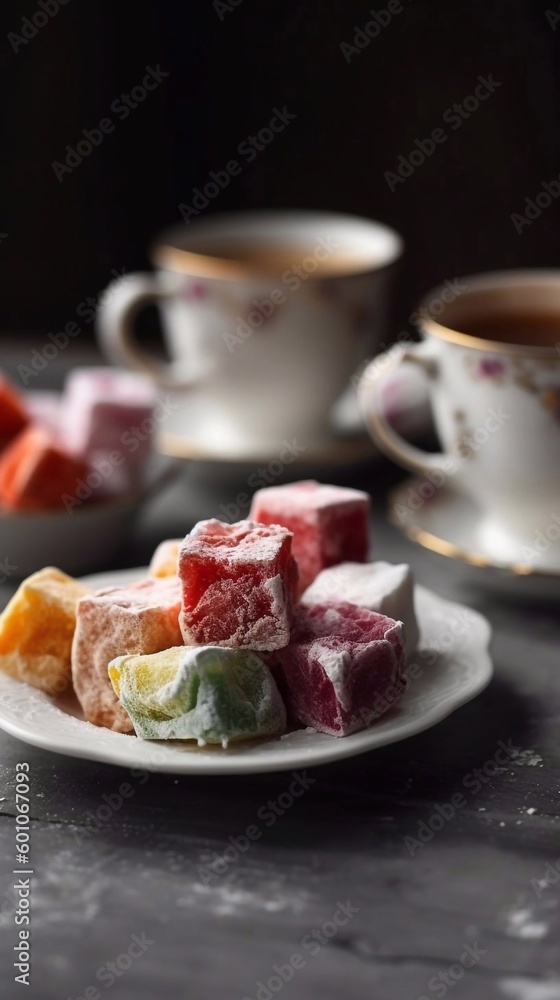 Traditional turkish delights sweets rahat lokum. Turkish delight and turkish coffee with AI generation Traditional turkish delights sweets rahat lokum. Turkish delight and turkish coffee with AI generation