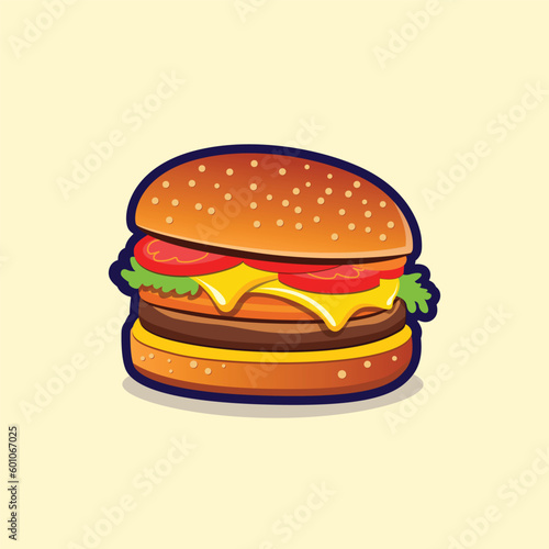 Cartoon cheese Burger vector illustration isolated on yellow background. Flat style Fast food clip art. Restaurant food menu sign and symbol. Western, Mexican, Asian food vector illustration.