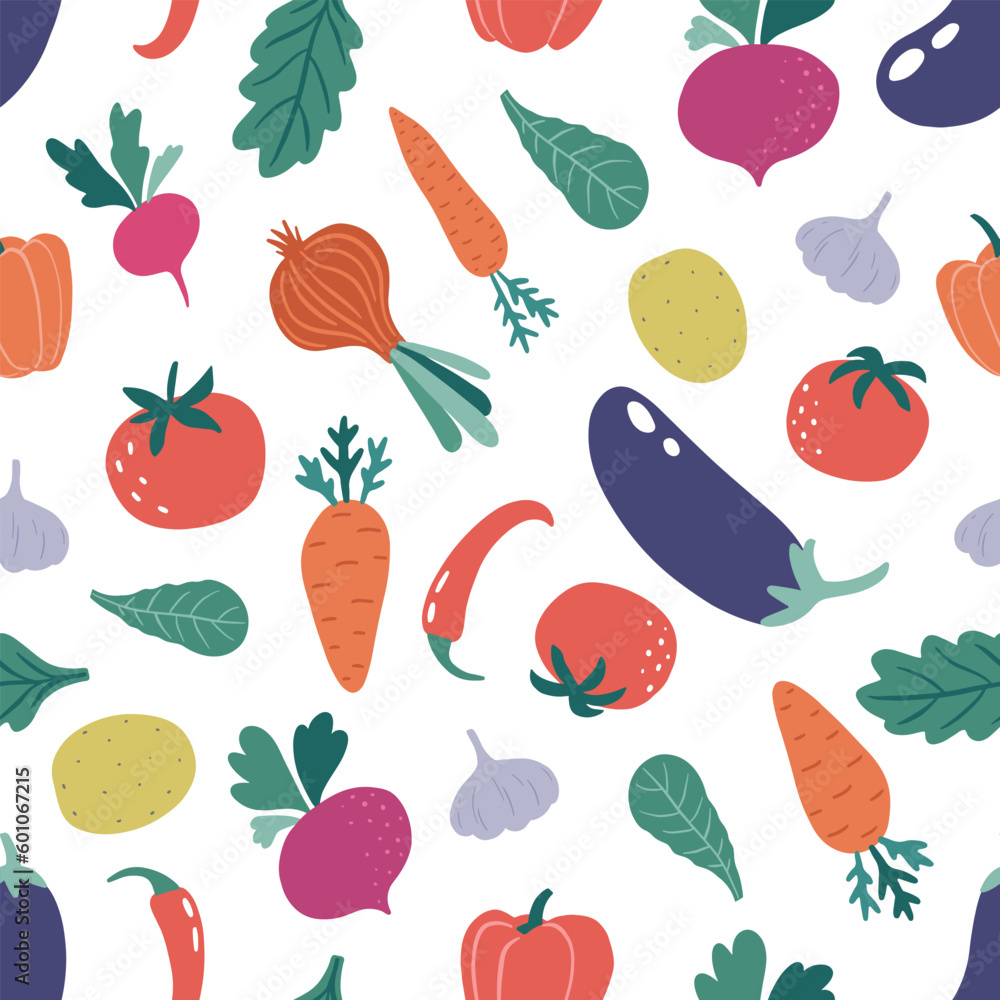 Colorful bright vegetable seamless pattern with hand drawn vegetables: tomato, onion, cucumber, eggplant, lettuce leaves, pepper etc. Vegetarian background. Vector illustration Colorful bright vegetable seamless pattern with hand drawn vegetables: tomato, onion, cucumber, eggplant, lettuce leaves, pepper etc. Vegetarian background. Vector illustration