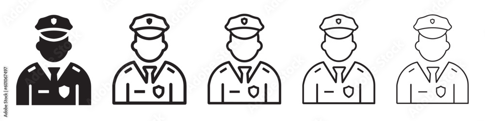 Set of police officer icons. Policeman officer avatar, sheriff. Police symbol, security control. Law enforcement, uniform, police staff. Vector. Set of police officer icons. Policeman officer avatar, sheriff. Police symbol, security control. Law enforcement, uniform, police staff. Vector.