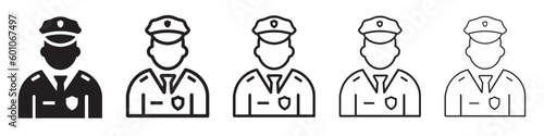Set of police officer icons. Policeman officer avatar, sheriff. Police symbol, security control. Law enforcement, uniform, police staff. Vector.