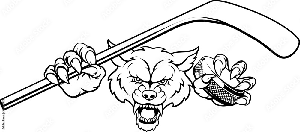 Obraz premium A wolf ice hockey player animal sports mascot holding a hockey stick and puck