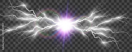 Vector image of realistic lightning. Flash of thunder on a transparent background. 