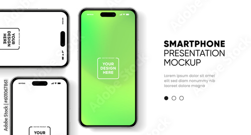 3D realistic high quality smartphone mockup with isolated background. Smart phone mockup collection. Device front view. 3D mobile phone with shadow on white background.