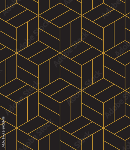 Abstract geometric pattern background with hexagonal and cube texture. Black and gold seamless grid lines. Simple minimalistic pattern