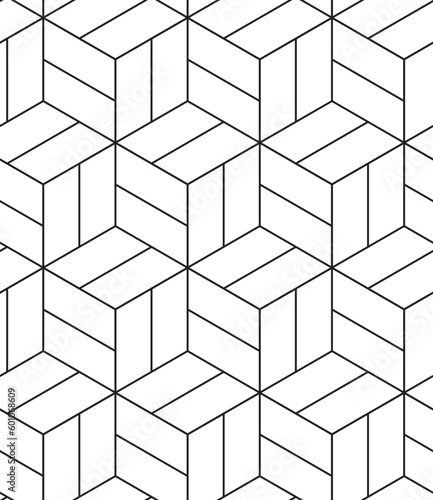 Abstract geometric pattern background with hexagonal and cube texture. Black and white seamless grid lines. Simple minimalistic pattern