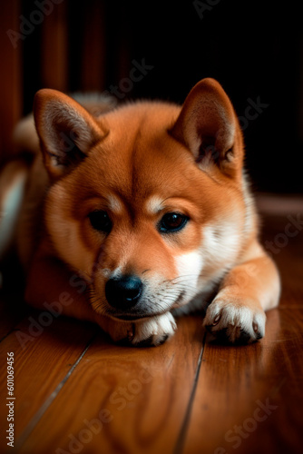 Adorable Japanese Shiba Inu Dog on a Wooden Floor