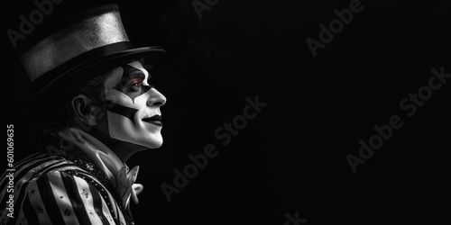 Black and white photorealistic studio portrait of a cheerful clown on black background. Generative AI illustration