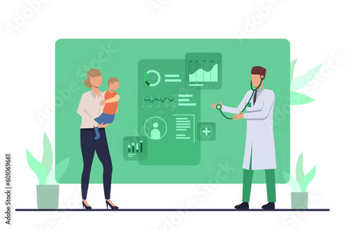 Child health checkup vector illustration. Doctor examining kid in mothers arms with stethoscope, asking for symptoms. Health infographics, medical checkup, health care concept