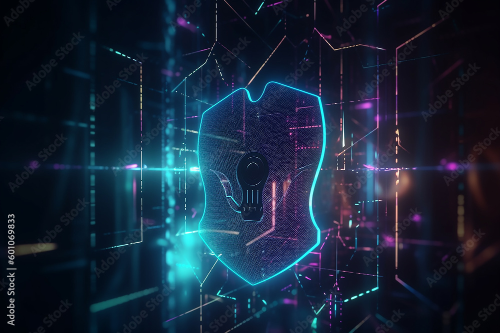 Naklejka premium Data protection and cyber security concept with virtual glowing shield with keyhole on abstract technological background with blurred dots and geometrical lines with generative AI technology