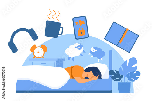 Healthy sleep rules vector illustration. Woman sleeping in bed after reading book, turning off phone, drinking tea, listening to music. Improving sleep schedule, health care concept