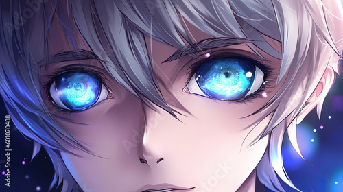 Anime boy with beautiful eyes. Generative AI.