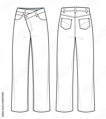 Asymmetric jeans fashion flat technical drawing template. highwaist straight-leg jeans featuring criss cross front button fastening. front, and back view. isolated in white background. CAD mockup set.