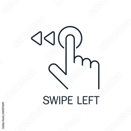 The extended finger of the hand shift the button. Swipe left. Slide to left. Vector linear icon isolated on white background.