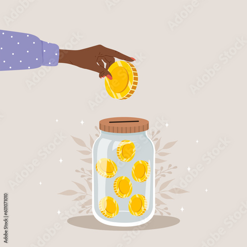 Donation glass jar with gold coins. African female hands throw money in huge bottle for donate. Financial charity for needy and children. Fundraising Concept. Vector illustration in cartoon style.