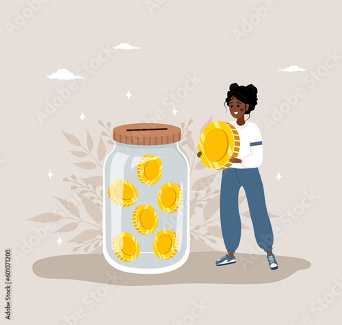 Donation money concept. Cute african woman with glass jar full of gold coins. International charity day. Fundraising Concept. Vector cartoon illustration. Volunteering and social care.
