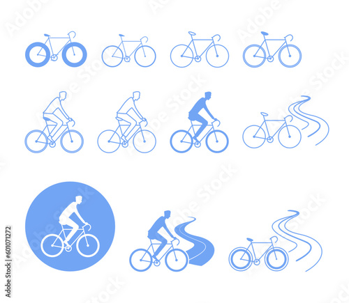 Various bicycles vector illustrations set. Line icons of bikes, person riding bicycle, bike paths on white background. Cycling, sport, healthy lifestyle, outdoor activity concept