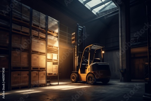 forklift warehouse sun cargo storage distribution transportation delivery logistic box. Generative AI.