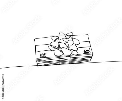 Bundle of money with a bow, gift, cash, banknotes, dollars, hryvnia, euro one line art. Continuous line drawing of bank, money, finance, financial, payment, data, savings, economic, wealth, credit