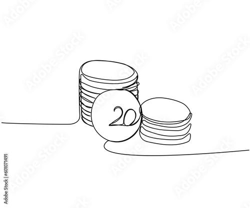 Stacks of coins of different heights, 20 cents, kopecks, pennies one line art. Continuous line drawing of bank, money, finance, financial, payment, data, savings, economic, wealth, credit