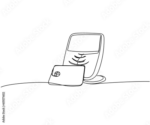 Contactless fare payment, Cashless Payment Terminal, fare payment terminal one line art. Continuous line drawing of bank, money, finance, financial, payment, data, savings, economic, wealth, credit