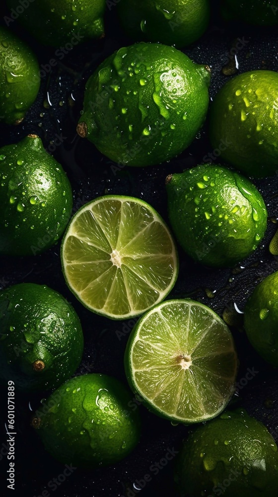 Limes on dark background. Fresh green lime with water drops. Harvest season. AI generated
Limes on dark background. Fresh green lime with water drops. Harvest season. AI generated
