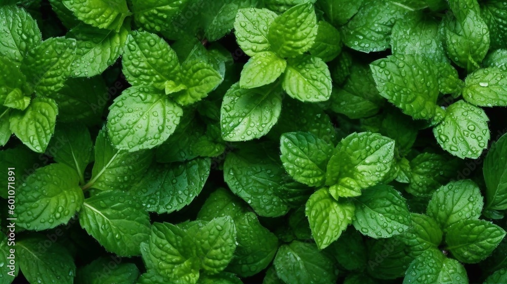 Mint leaves with water drops background. AI generated - obrazy, fototapety, plakaty 