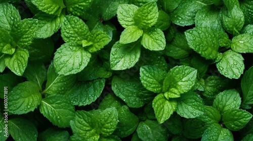 Mint leaves with water drops background. AI generated