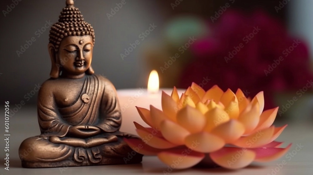 Budha statue with lotus, candle on dark background. AI generated