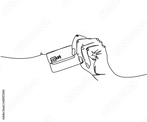 Contactless bank card in hand, credit card one line art. Continuous line drawing of bank, money, finance, financial, payment, data, savings, economic, wealth, credit