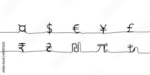Signs of world currencies, dollar, euro, hryvnia, yuan, pound sterling, yen, shekel, Turkish lira one line art. Continuous line drawing of bank, money, finance, financial, savings, economic, wealth