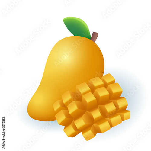 Whole mango and cut pieces 3D illustration. Cartoon drawing of yellow tasty fruit, natural food product with vitamins in 3D style on white background. Food, fruits, healthy eating concept