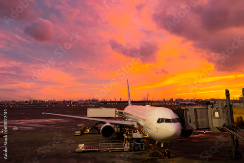 羽田空港のオレンジ色の夕焼け空 © Seiji Nakamura