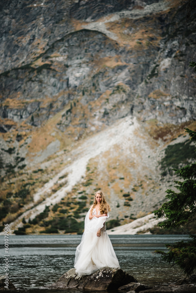 The bride on the stony shore near the lake in the mountains. Wedding on a backdrop of mountain landscape. Scenic mountain view.