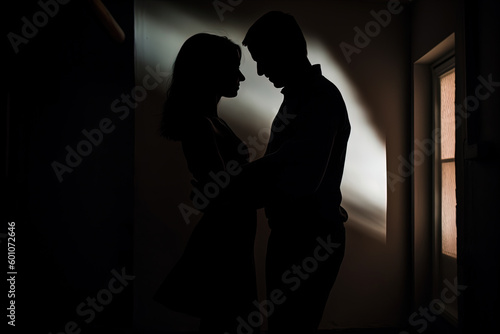 Silhouette of a romantic couple dancing and enjoying in the dark