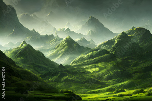 Abstract green landscape wallpaper background illustration design with hills and mountains.Organic green environment, Generative AI