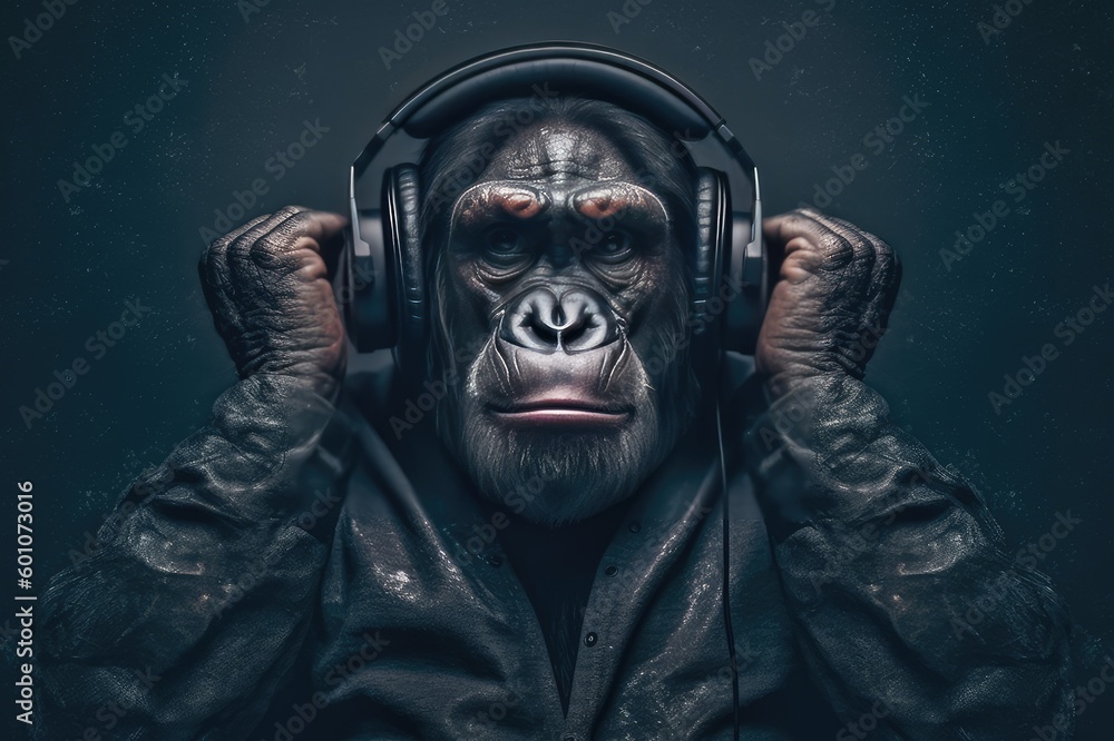 Fototapeta premium Monkey Wearing Headphones and Listening to Music. Generative AI