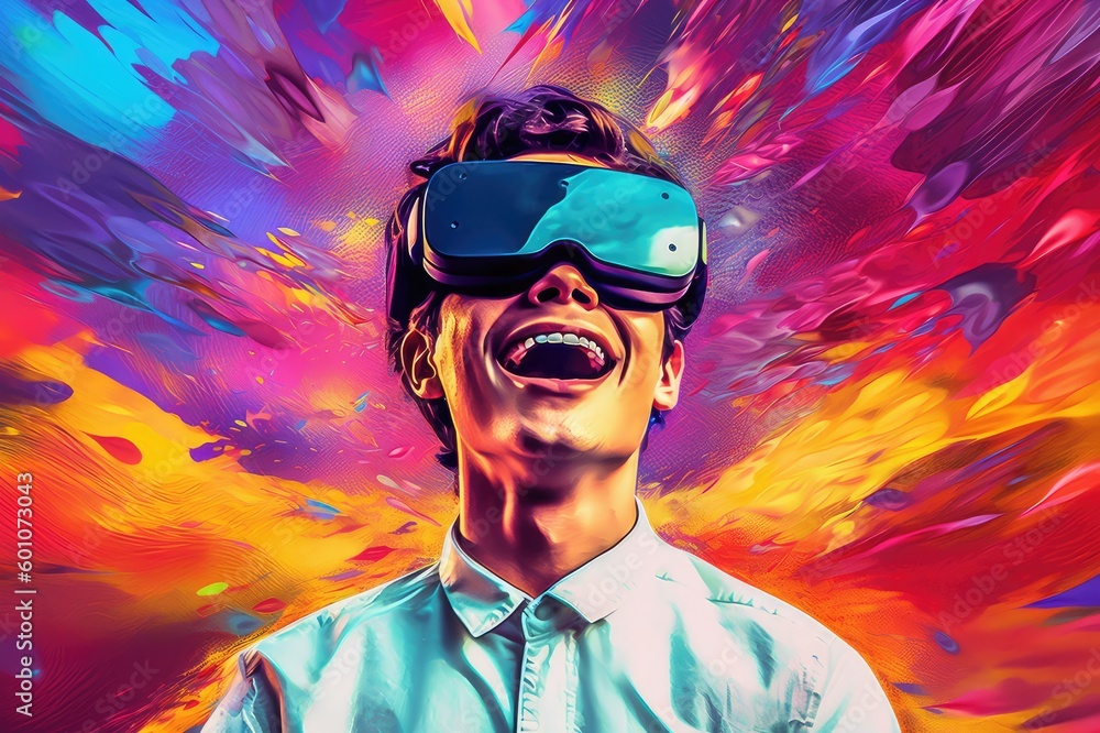 Boy with VR Headset and Colorful Background. Generative AI Boy with VR Headset and Colorful Background. Generative AI