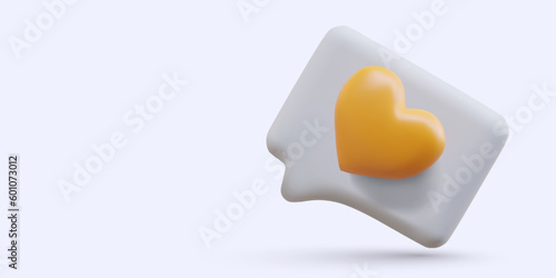 Realistic speech bubble with yellow heart. Like notification icon. 3d rating in social networks. Post popularity symbol. Positive reaction from subscribers