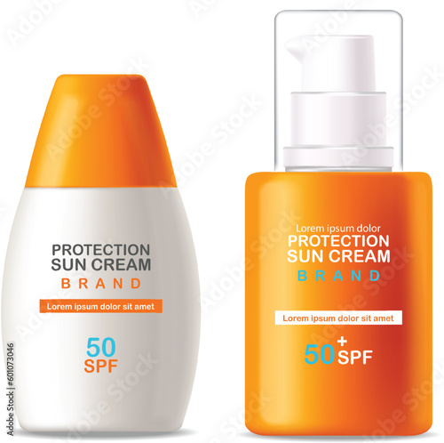 Sun cream bottle 3d realistic isolated, packaging mockup, protection sun cream, spf 50 summer cosmetic vector illustration