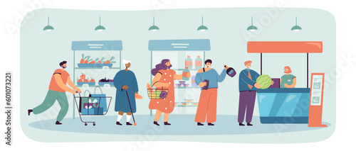 People in supermarket vector illustration. Queue at checkout, diverse customers buying grocery products. Shopping, consumerism, marketing, payment options concept