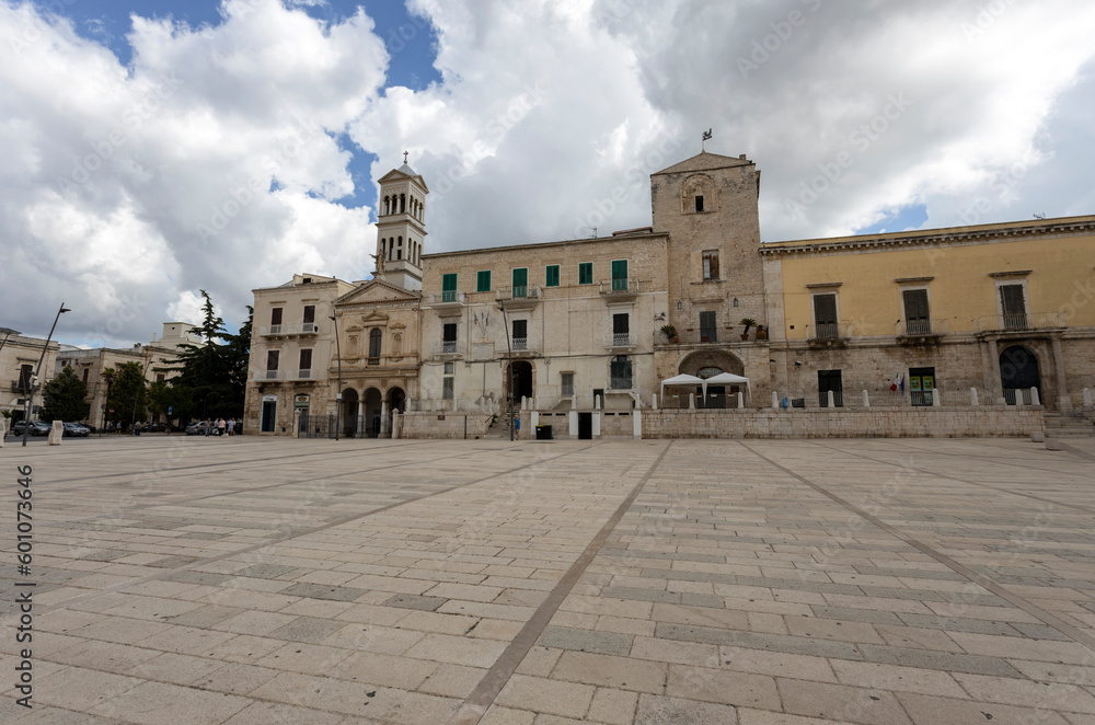 RUVO DI PUGLIA, ITALY, JULY 10, 2022 - Matteotti square with Melodia castle and SS. Redentore Church in ruvo di Puglia, province of Bari, Puglia, Italy