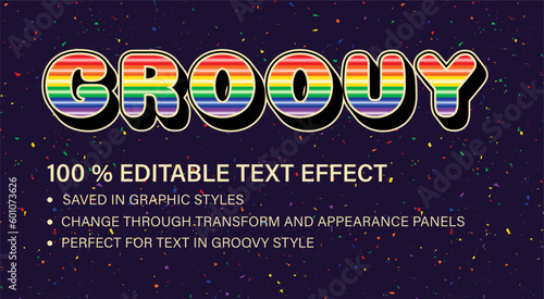 Groovy editable text effect in vintage style. Volumetric letters with rainbow stripes. Retro typographic graphic style. Good for hippie style of 60s, 70s For poster, header design