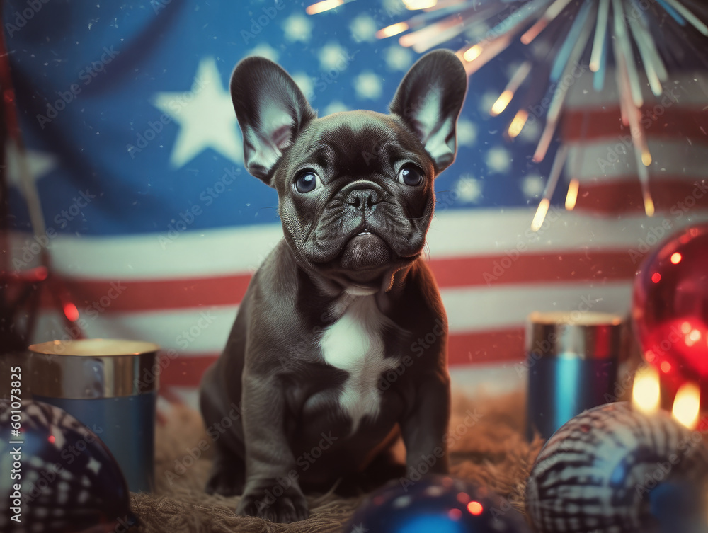 Impossibly cute French bulldog puppy celebrating the 4th of July - obrazy, fototapety, plakaty 