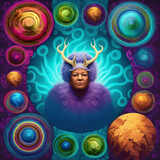 Black woman reindeer shaman with moons, planets and energy background. Modern spirituality meets myths, space and universe. Generative AI.