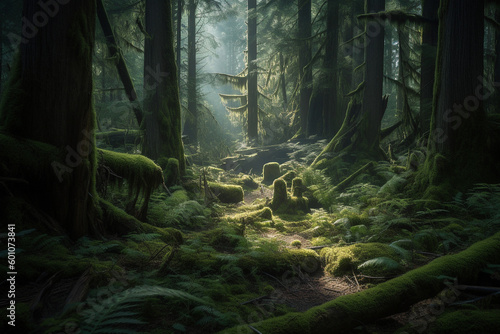 Green forest with soft sunlight generative AI