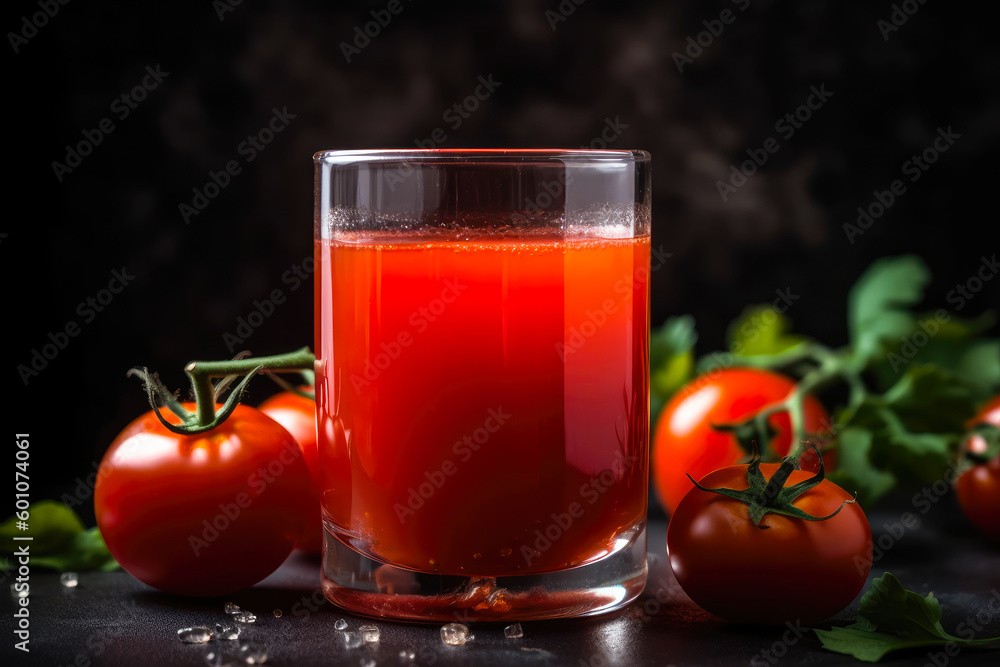 A glass of a fresh tomato juice near fresh ripe tomatoes on a black background. Created with Generative AI. A glass of a fresh tomato juice near fresh ripe tomatoes on a black background. Created with Generative AI.