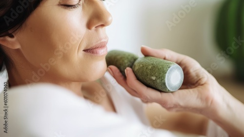 Woman with freckled face massaging using jade stone roller