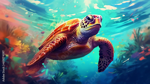 Colorful / Sea turtle / Under the sea / Swimming / Reef / Shell / Generative AI