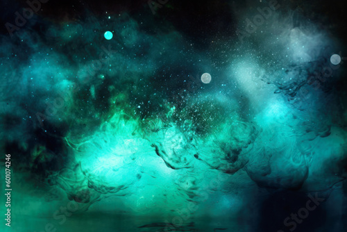 background with a nebula that shines with various shades of blue and green. AI generative.